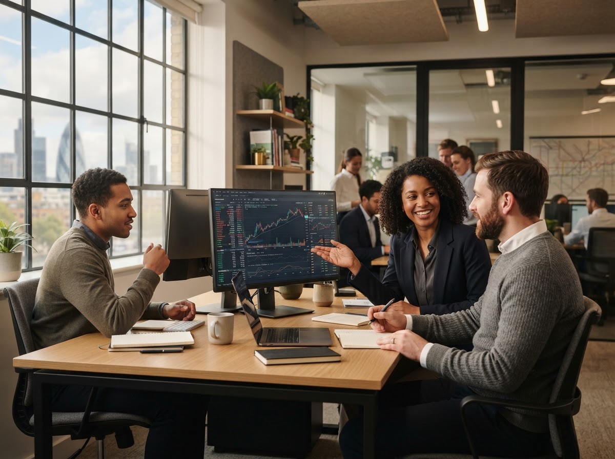 APPLEX AI TRADING team reviewing AI-generated data analysis reports